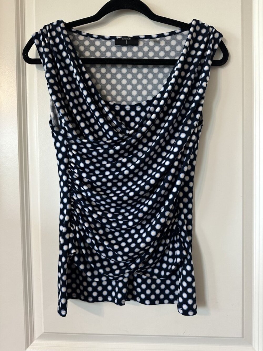 Tahari Navy Polka Dot Cowl Neck Top Size S